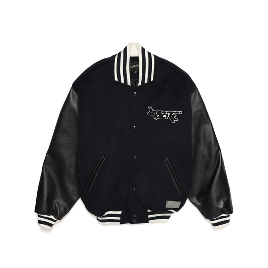 LEATHER SLEEVE STADIUM JACKET / NAVY